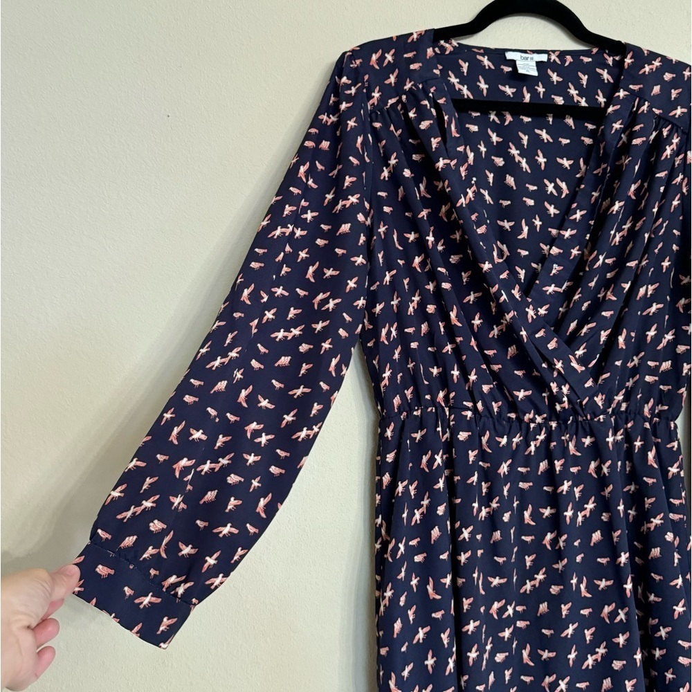 Novelty Print Birds Bar III Dress Long Sleeve Navy Blue Size XL Summer Spring - Picture 8 of 16